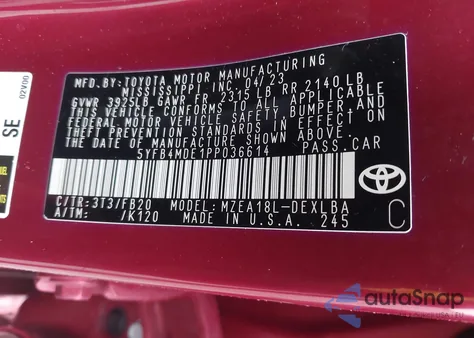 2023 Toyota Corolla Le z USA, uszkodzony, nr VIN 5YFB4MDE1PP036614